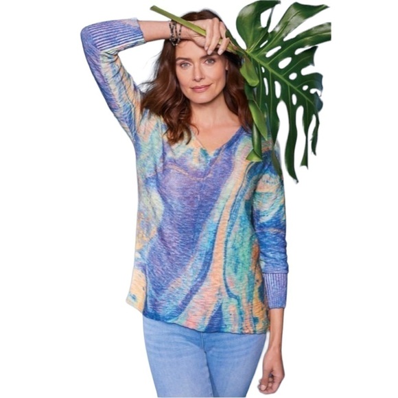 𝅺SOFT Surroundings‎ Womens Tallie Textured V-neck Sweater Multi Marbled Size XS - Picture 2 of 7